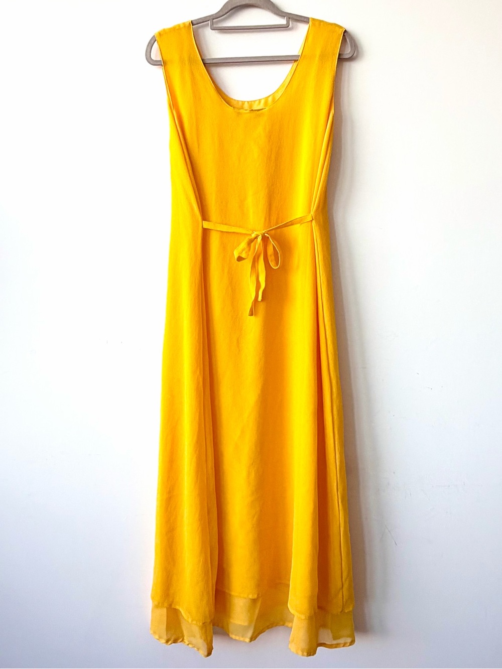 Sunny Yellow Sleeveless Crepe Dress with Tie Waist